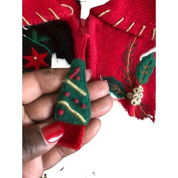 Vintage Shaver Lake Red Poinsettia knit patchwork cardigan sweater sz small - Picture 4 of 5